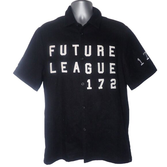 I love Ugly Mens‎ L Black Short Sleeve Wool Button Shirt Future League 172 - Picture 1 of 8